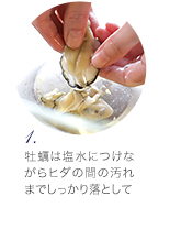 (1) 牡蠣は塩水につけながらヒダの間の汚れまでしっかり落として