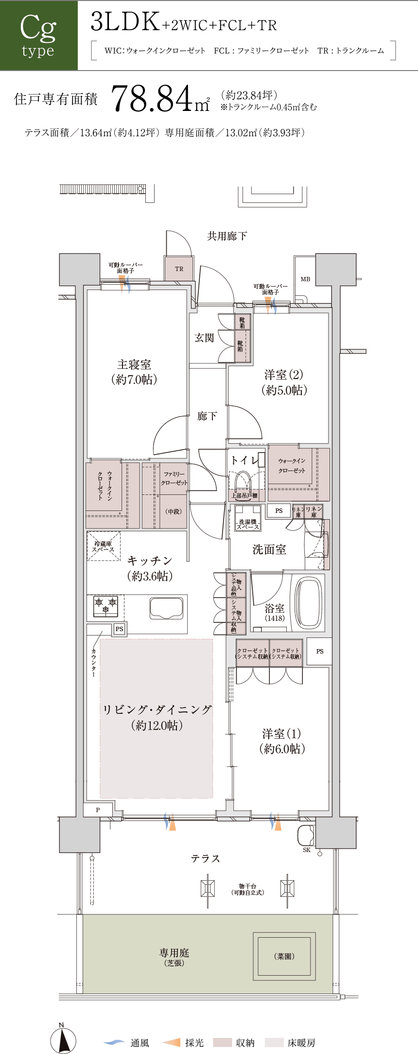 Cgtype 3LDK＋2WIC＋FCL＋TR 住戸専有面積78.84㎡（約23.84坪）※トランクルーム0.45㎡含む