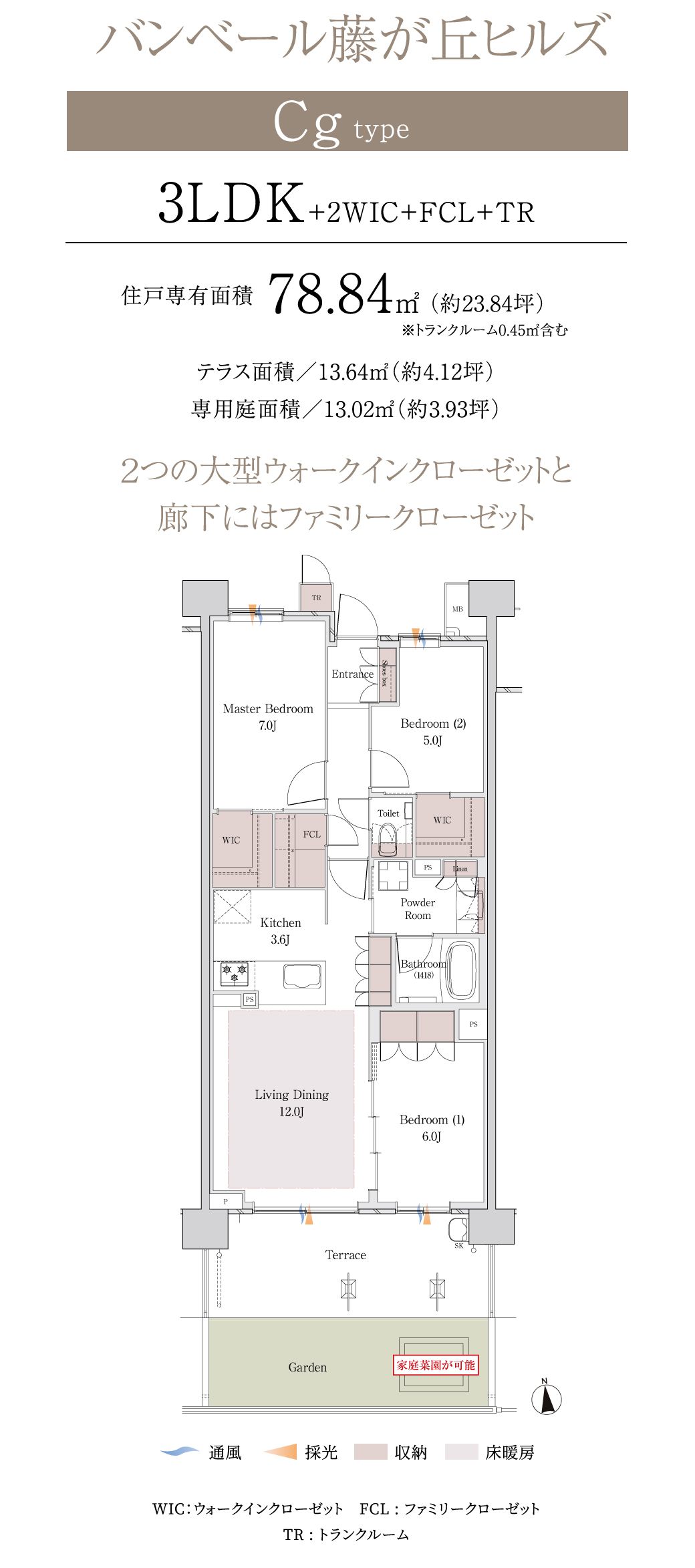バンベール藤が丘ヒルズ Cg type 3LDK＋2WIC＋FCL＋TR 住戸専有面積78.84㎡（約23.84坪）※トランクルーム0.45㎡含むテラス面積／13.64㎡（約4.12坪）専用庭面積／13.02㎡（約3.93坪）