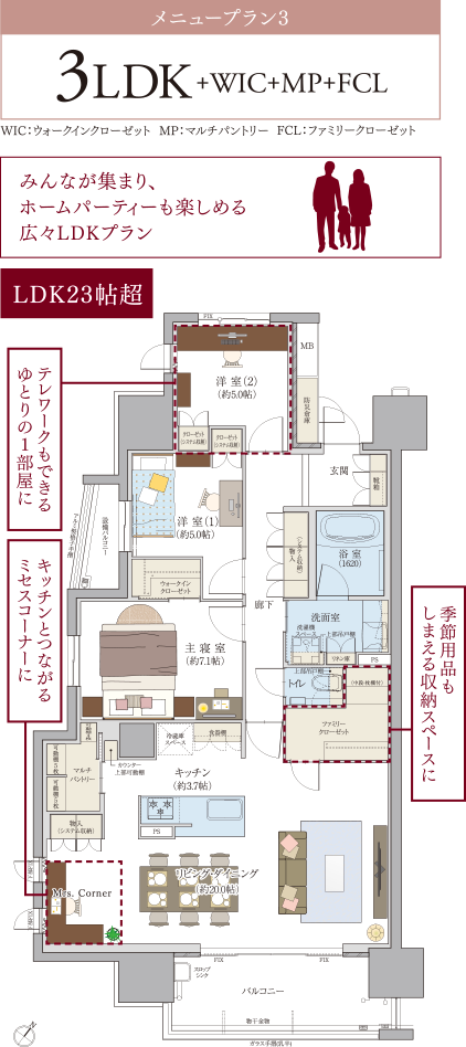 メニュープラン3:3LDK+WIC+MP+FCL(みんなが集まり、ホームパーティーも楽しめる広々LDKプラン)