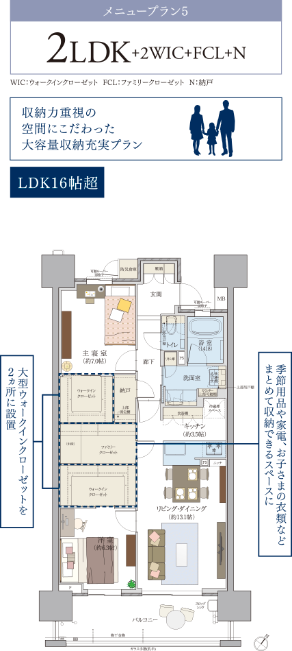メニュープラン5:2LDK+2WIC+FCL+N(収納力重視の空間にこだわった大容量収納充実プラン)