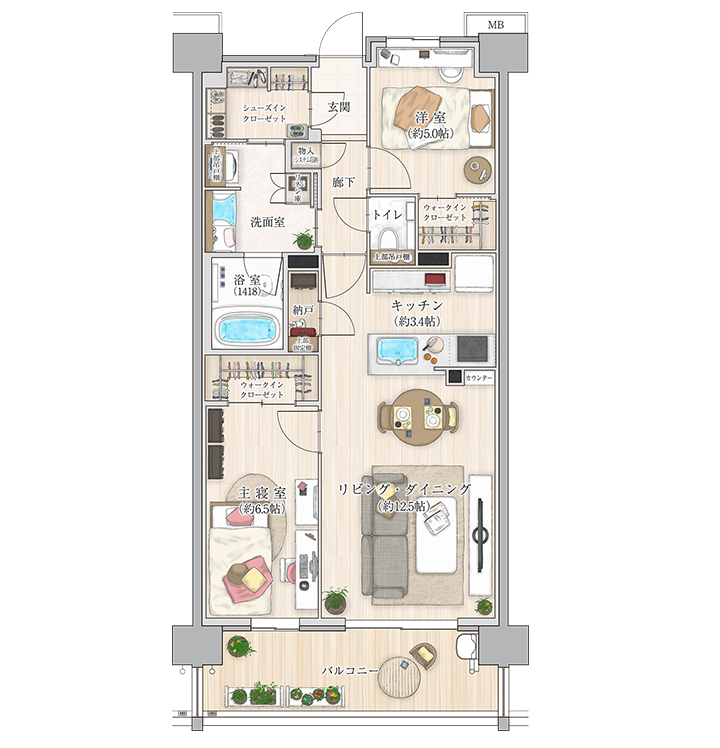 H2タイプの家具入り間取り