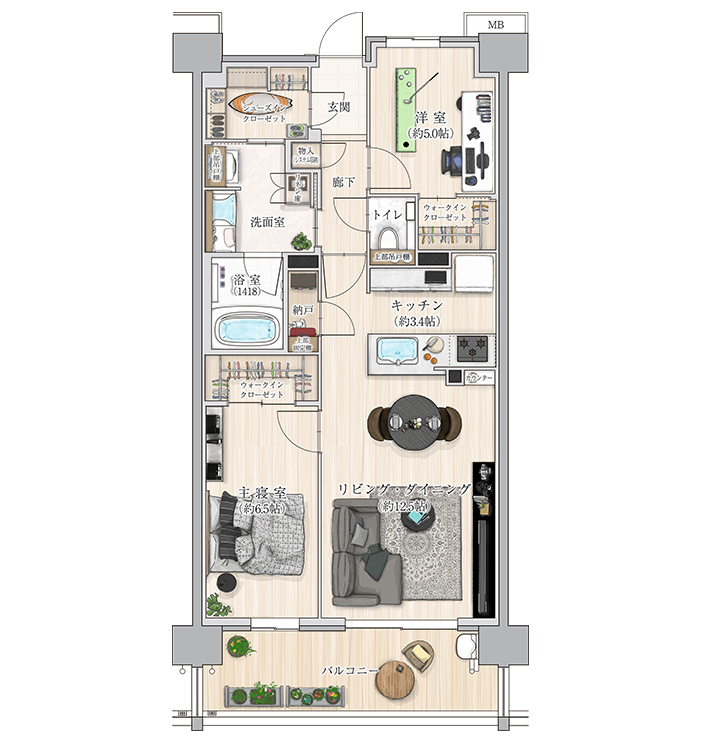 H2タイプの家具入り間取り